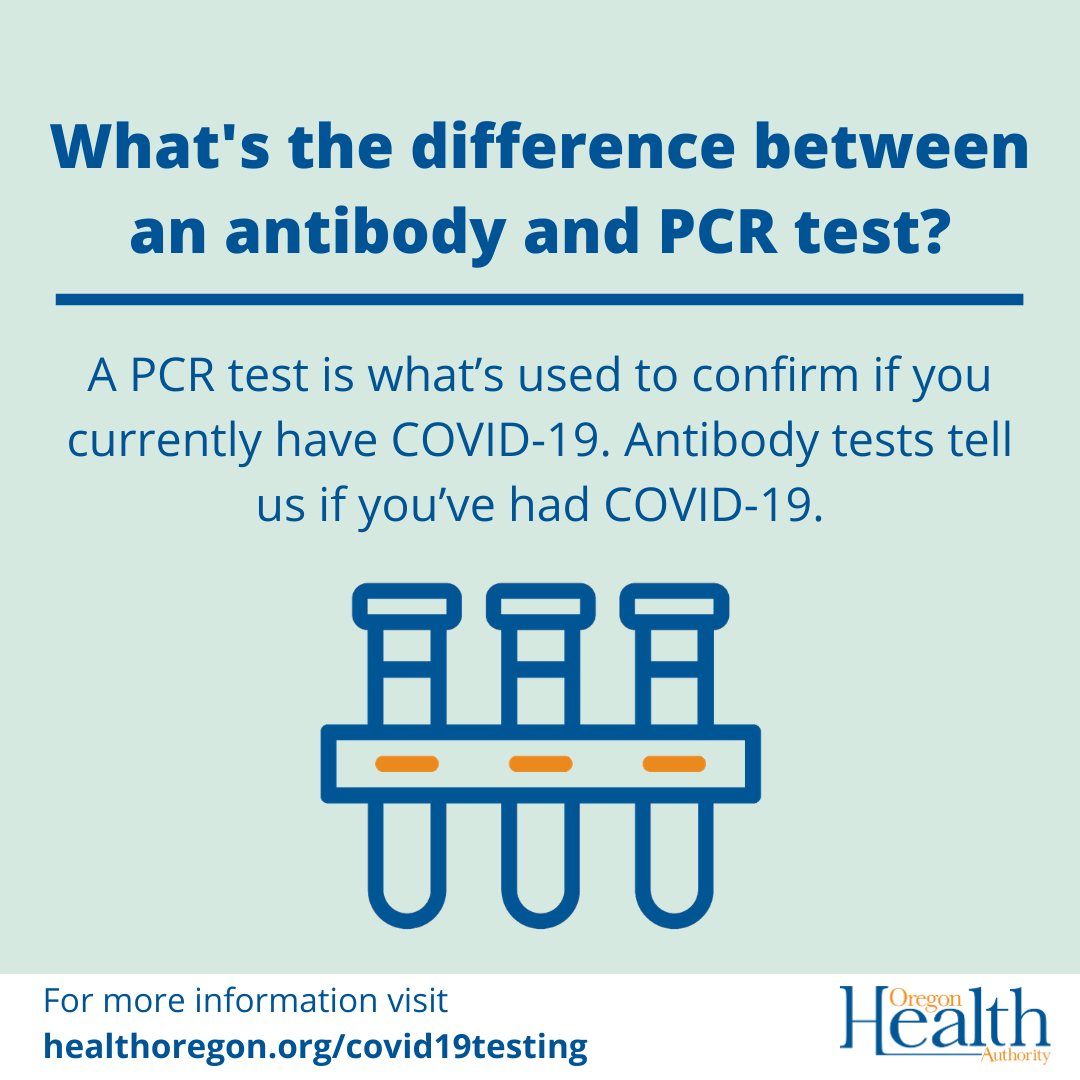 A PCR test is what’s used to confirm if you currently have COVID-19. Antibody tests tell us if you’ve had COVID-19.