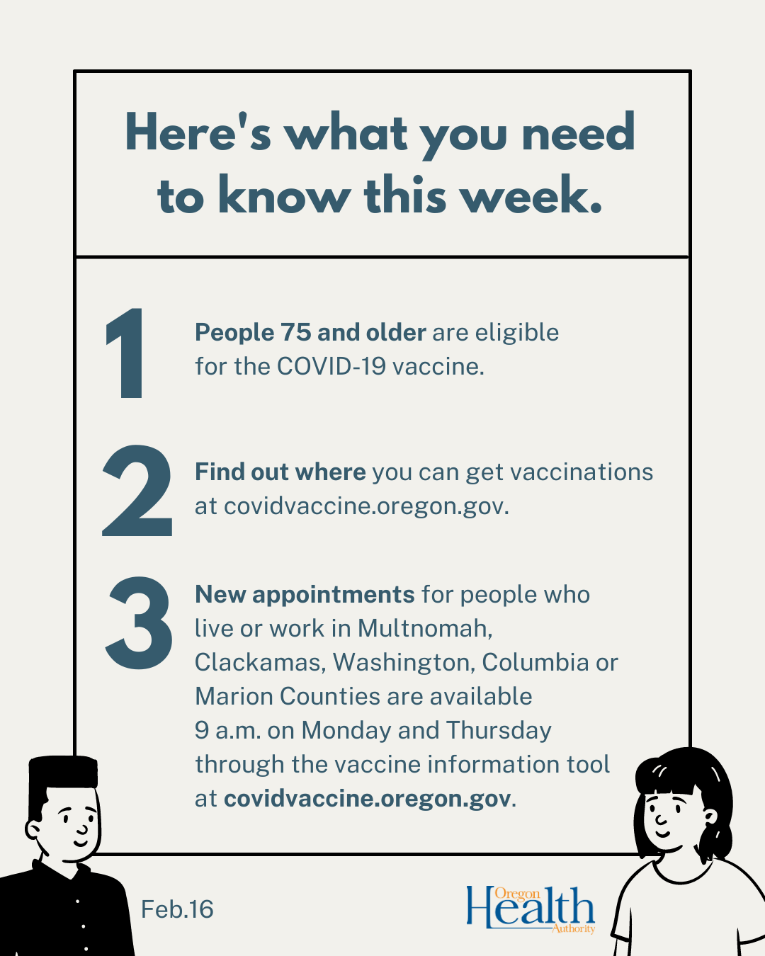 75+ are eligible for vaccine, find out where to get vaccinations at covidvaccine.oregon.gov, new appointments available at 9 am Mon. and Thurs.