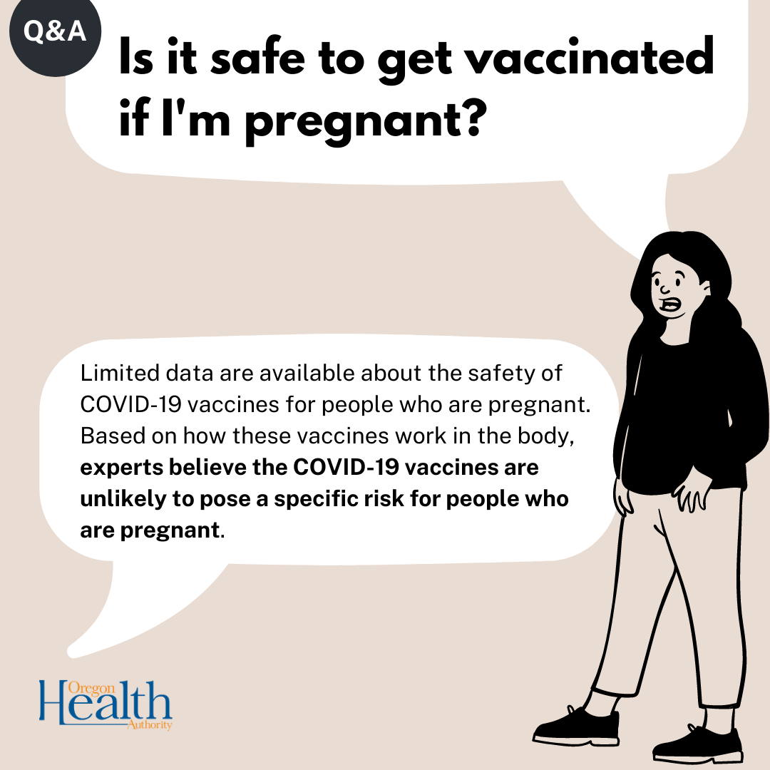Illustration of pregnant person, hands in pockets, asking "Is it safe to get vaccinatedif I'm pregnant?" 