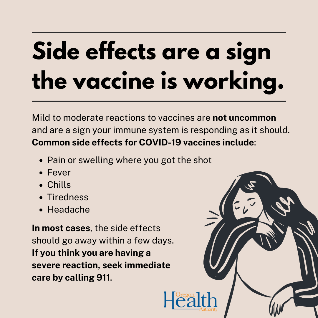 Side effects are a sign that the vaccine is working. List of side effects and person coughing into arm.   