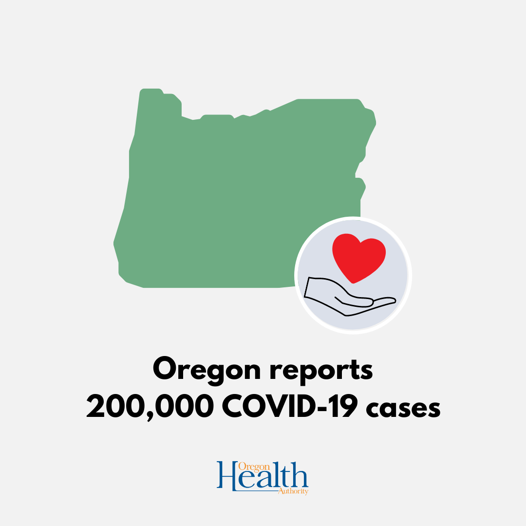 Green state of Oregon, circle with hand holding red heart in corner of state. 