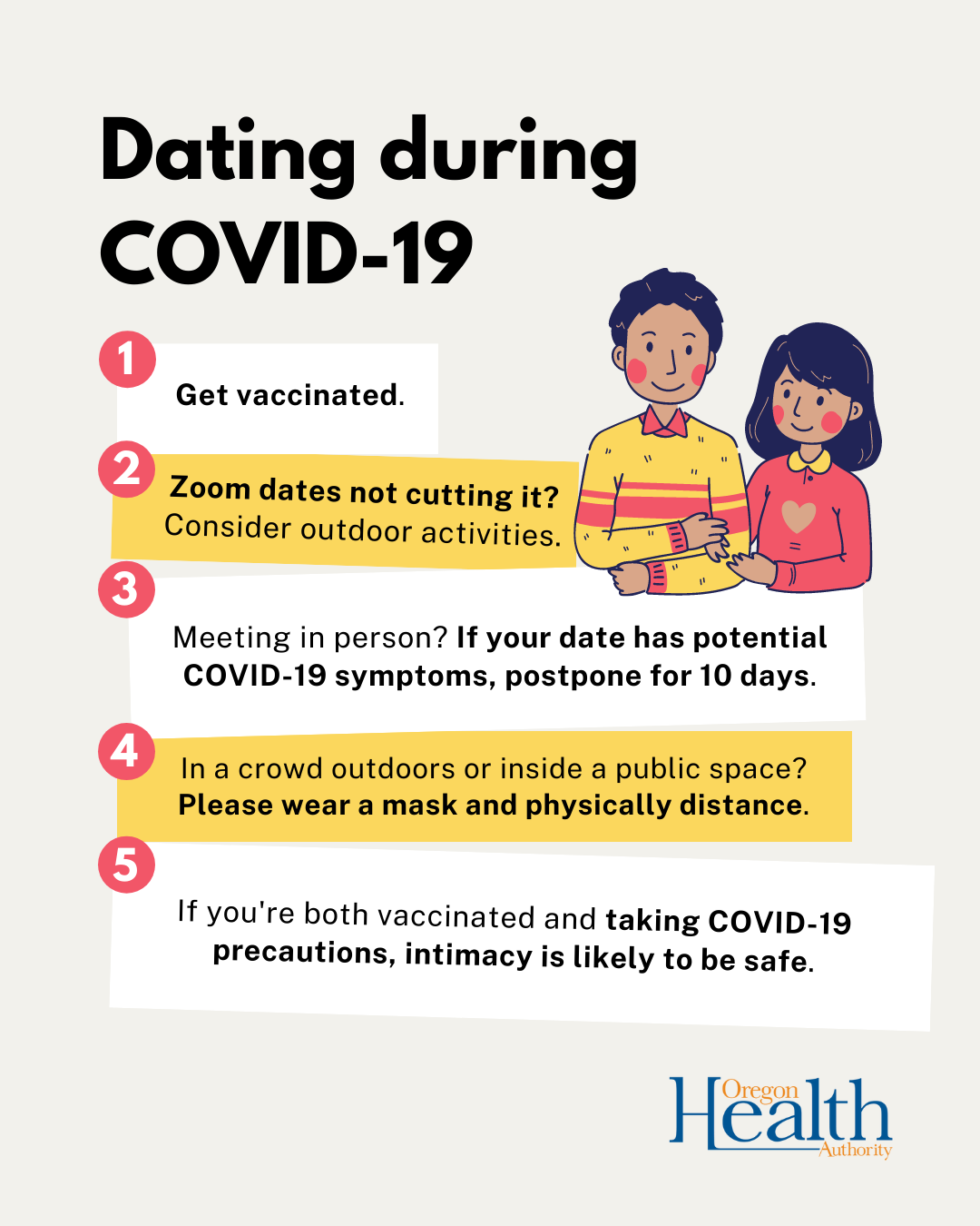 Image shows a young adult couple on a date. Graphic provides tips for taking extra dating precautions during COVID-19.