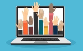 Cartoon of raised hands displayed on a computer laptop screen