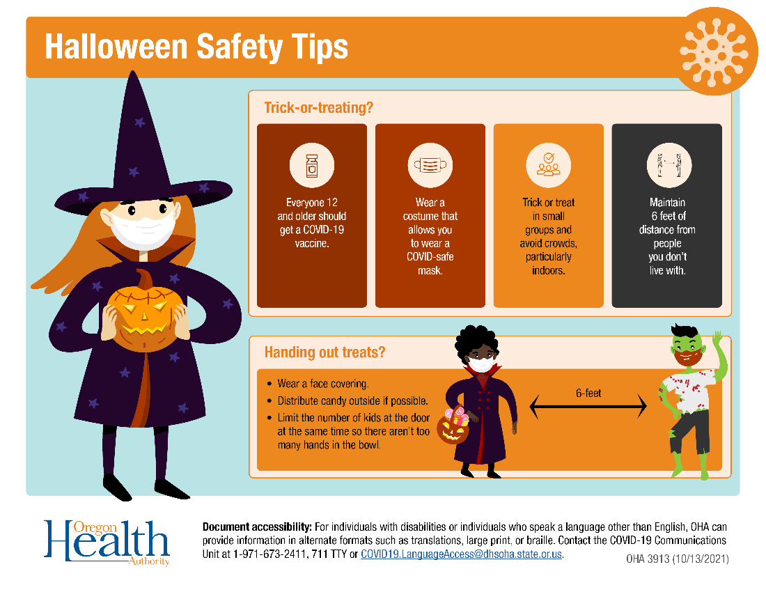 Safety tips for trick-or-treating. Illustrations of children in costumes.