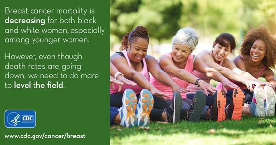 Image shows a group of women stretching in a park. CDC says breast cancer deaths have decreased over time with screenings and early detection.