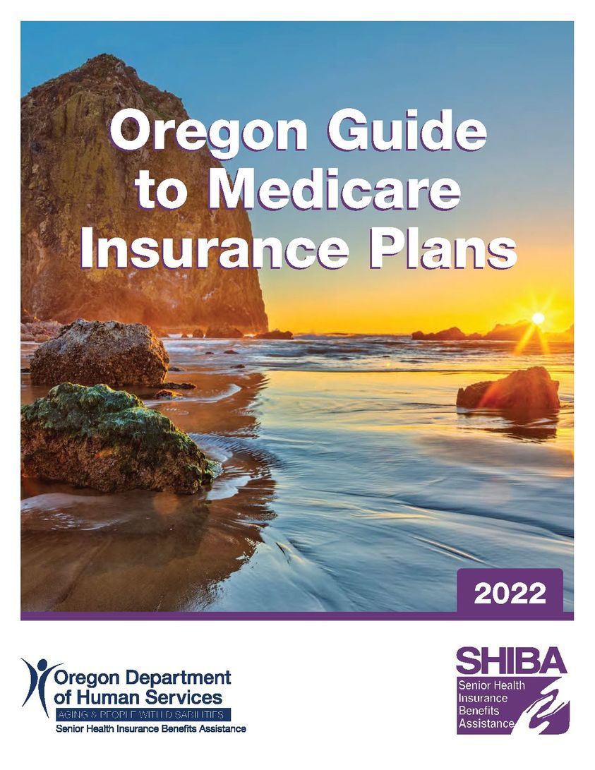 Oregon Guide to Medicare Insurance Plans has photo of Cannon Beach with Haystack Rock and sun setting in background.