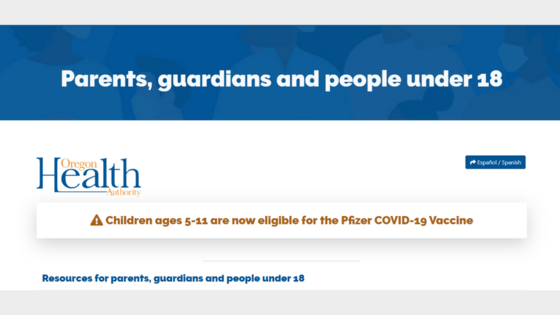 Screenshot of new COVID-19 vaccines page for parents and guardians