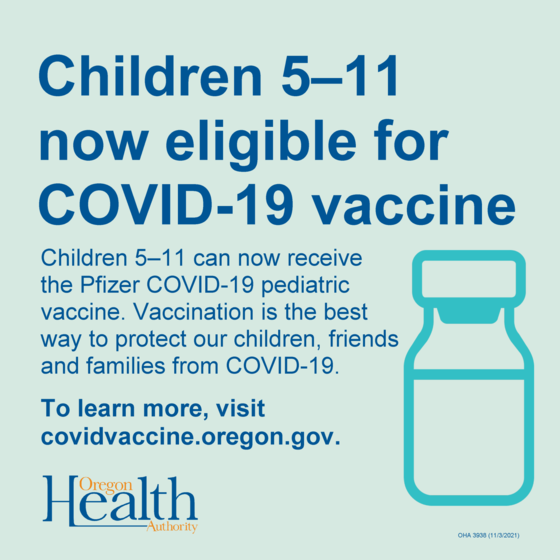 Infographic states that children ages 5 to 11 are now eligible for a pediatric COVID-19 vaccine.