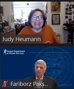 Judy Heumann and Fariborz Pakseresht in Zoom windows