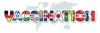 a cartoon image of the word vaccination in the colors of flags of the world