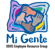 Mi Gente logo, image of Oregon with four hands intertwined