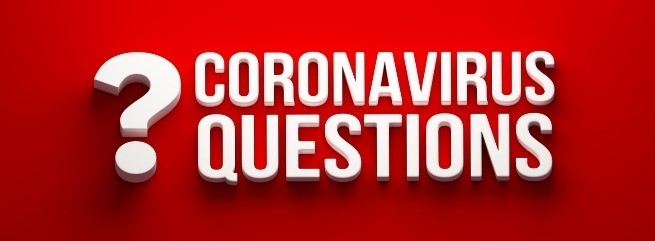Graphic shows white text on a red background that reads "Coronavirus Questions?"