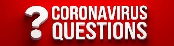 Graphic: red background with white letters. Text reads "Coronavirus questions?" 