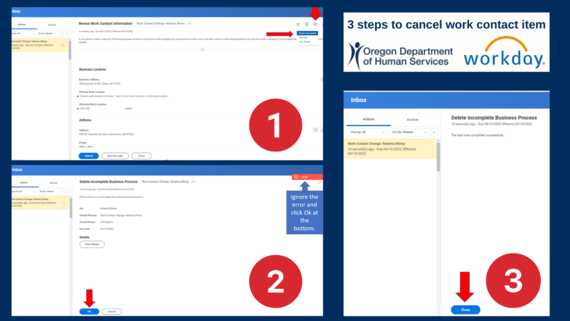 graphic with three screen grabs on how to cancel work contact item in Workday