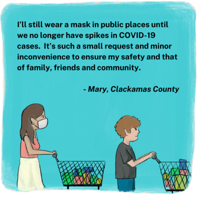 illustration of two people waiting in line at the grocery store. One is wearing a mask, and the other is not.