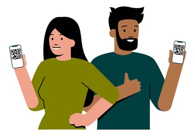 animated image of two people holding up their mobile phones showing their electronic vaccine cards