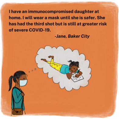 graphic illustration of a woman wearing a mask thinking about her young daughter