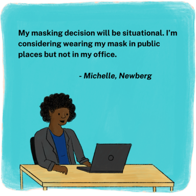 illustration of a woman not wearing a mask working at a desk on a computer