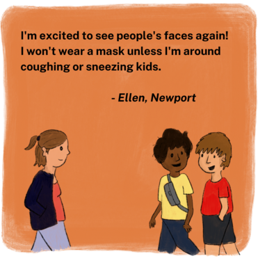 Illustration: "I'm excited to see people's faces again! I won't wear a mask unless I'm around coughing or sneezing kids.