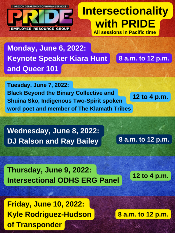 PRIDE June agenda notice, background with PRIDE rainbow colors and ERG logo