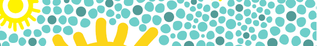 Graphic with small light blue and darker blue polka dots and bigger yellow sun graphic throughout