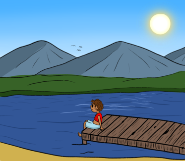 drawing shows a person sitting on a dock on a lake, looking out towards the distant mountains