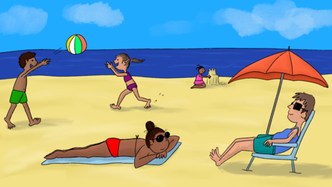 illustration shows a family lounging and playing at the beach