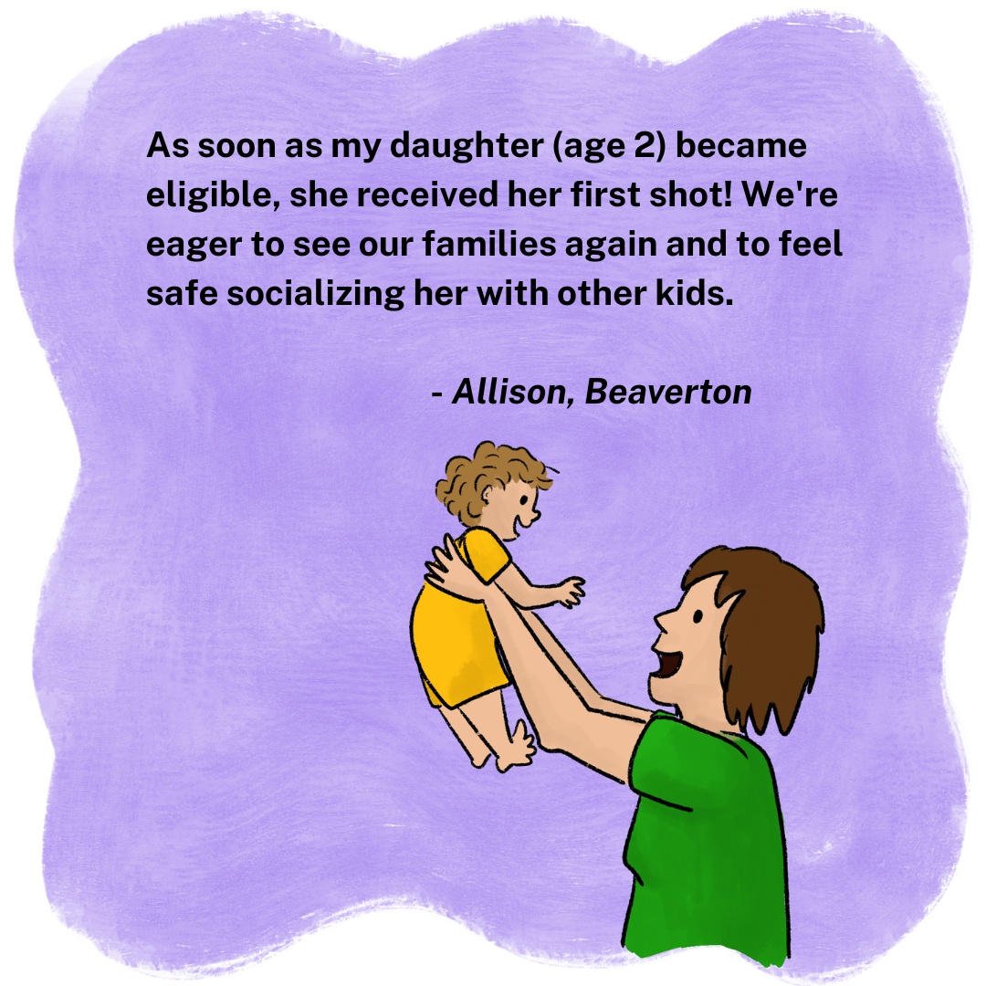 Illustration shows a mother holding her two-year-old baby. Text talks about how excited the mother is that her daughter is now vaccinated.