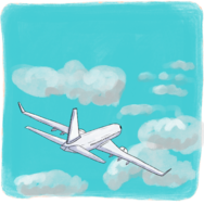 illustration shows an airplane flying through clouds