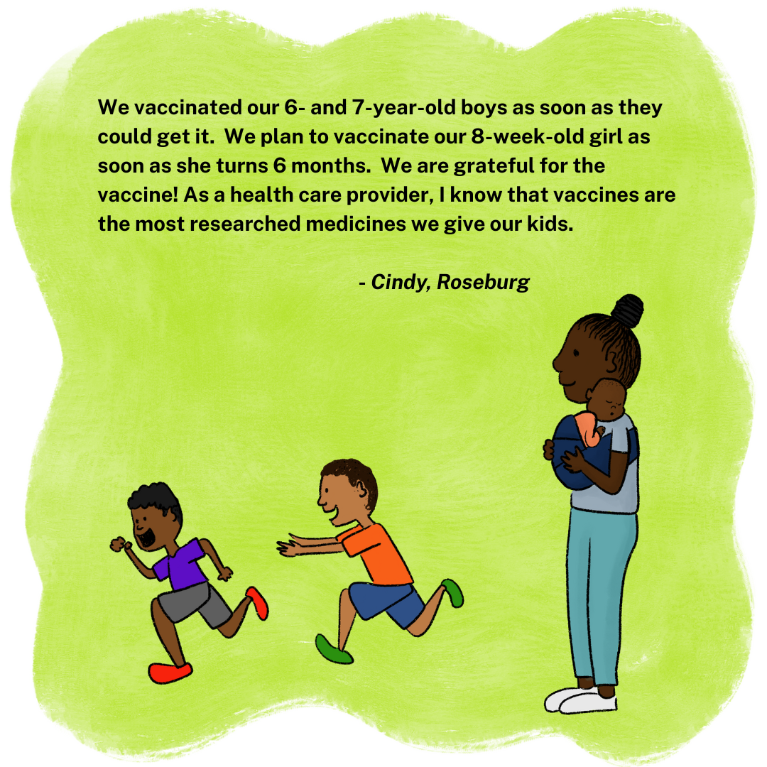 drawing shows a mother watching her two sons run around. She's thinking about being grateful for the COVID-19 vaccine.