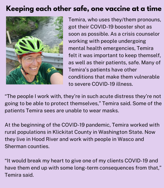 photo of a bicyclist and the copy of their quote promoting COVID-19 boosters