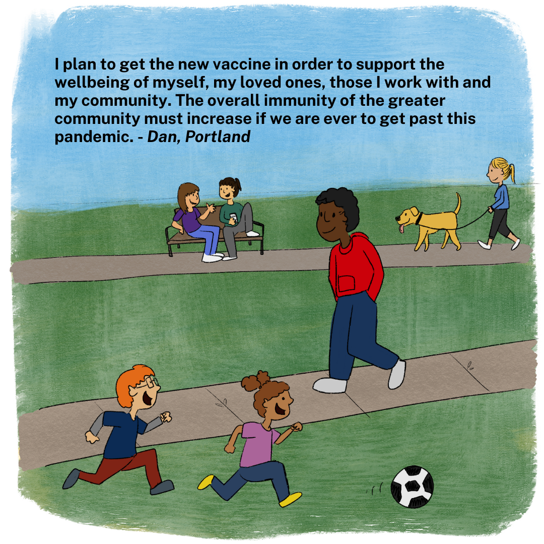 illustration shows a man walking through a park while children play and people chat with each other