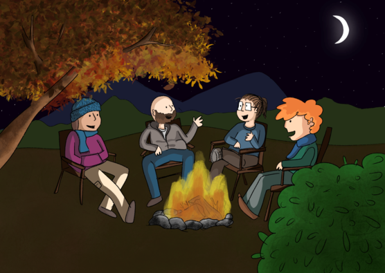 illustration of people sitting around a campfire talking