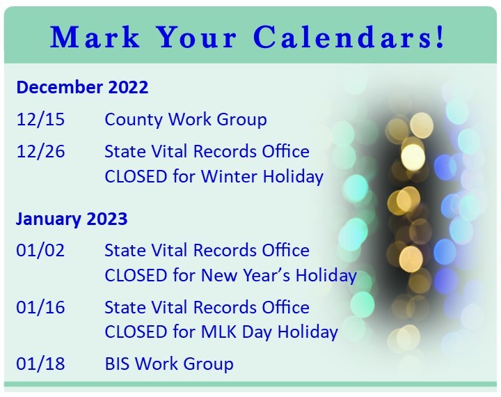 Mark Your Calendars December 2022