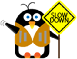 Penguin wearing construction vest holding a "slow down" caution sign (clip art)