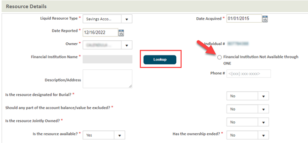 Worker Portal Resource details screen, red arrow pointing to "financial institution not available through ONE"  red box around lookup button