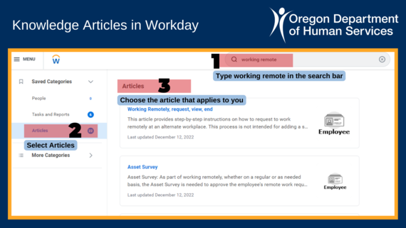 Screen grab of Workday platform showing how to access Knowledge Articles