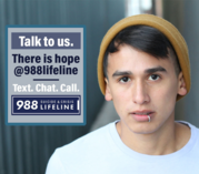 photo of young man with 988 crisis line branding