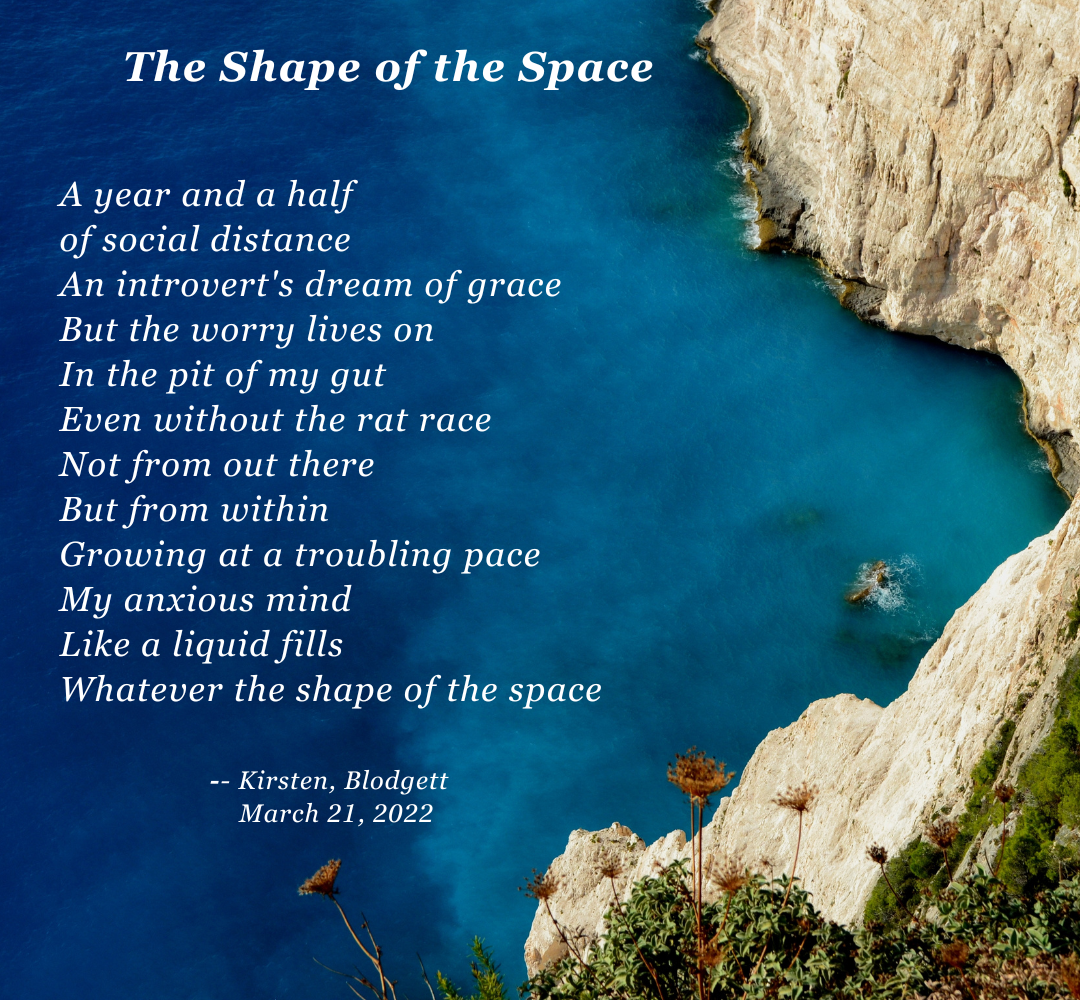stock photo overhead of cliffside at the coast, with a poem called "The Shape of the Space"