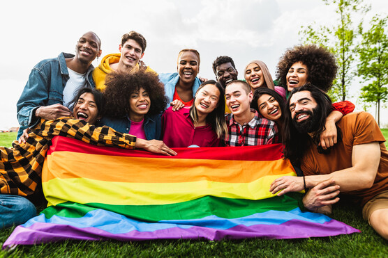 group of people in a grassy field, smiling, holding a large rainbow flag