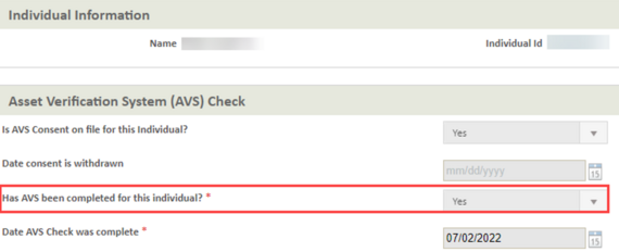 Individual Information and Asset Verification System Check screen.