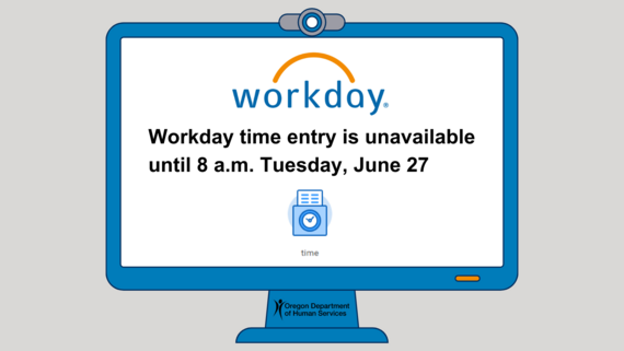 Graphic with an illustrated computer screen with Workday logo, time icon and ODHS logo
