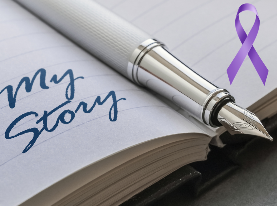 photo of a notebook with handwritten words "My Story" and a purple overdose ribbon