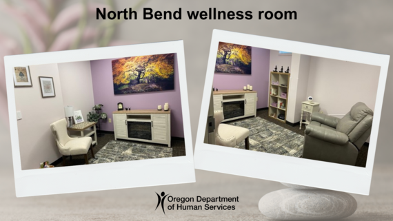 two photos of a wellness room in North Bend, includes ODHS logo
