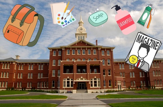 photo of Oregon State Hospital with donation items floating in the sky