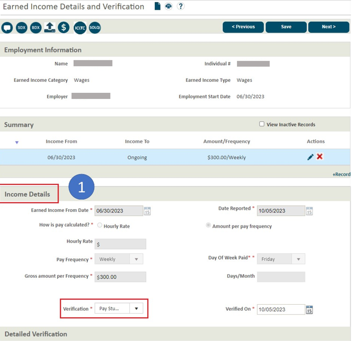 Earned Income Details and Verification screen