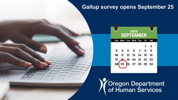 Graphic with a photo of a person typing on a laptop, includes a calendar illustration and the ODHS logo