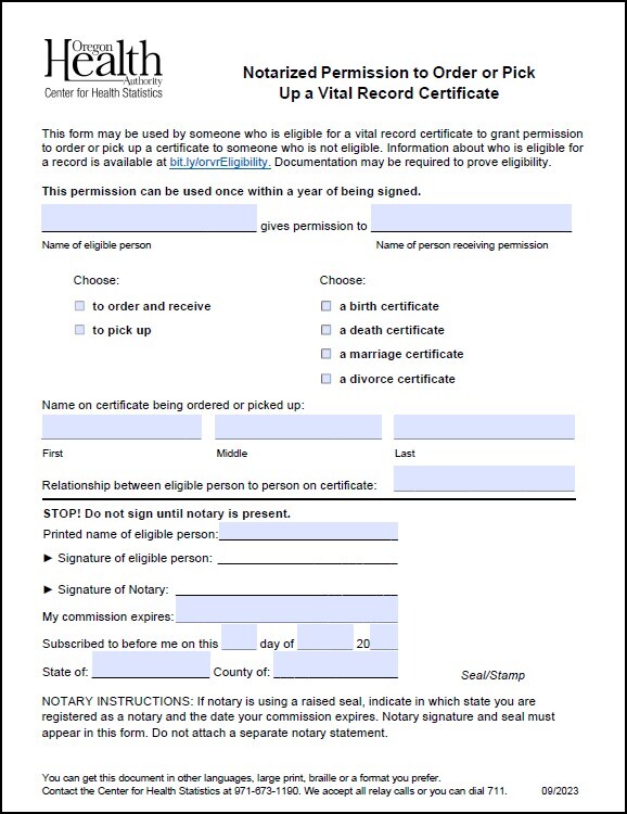 Notarized permission to order and pick up certificate