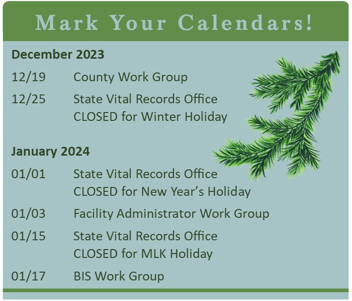 December Mark Your Calendars