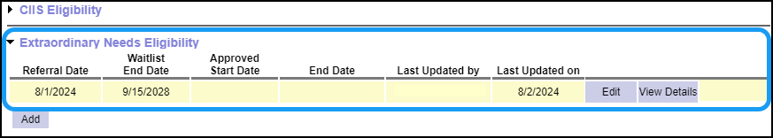 Screenshot of the View Client Page, Extraordinary Needs Eligibilty section highlighted